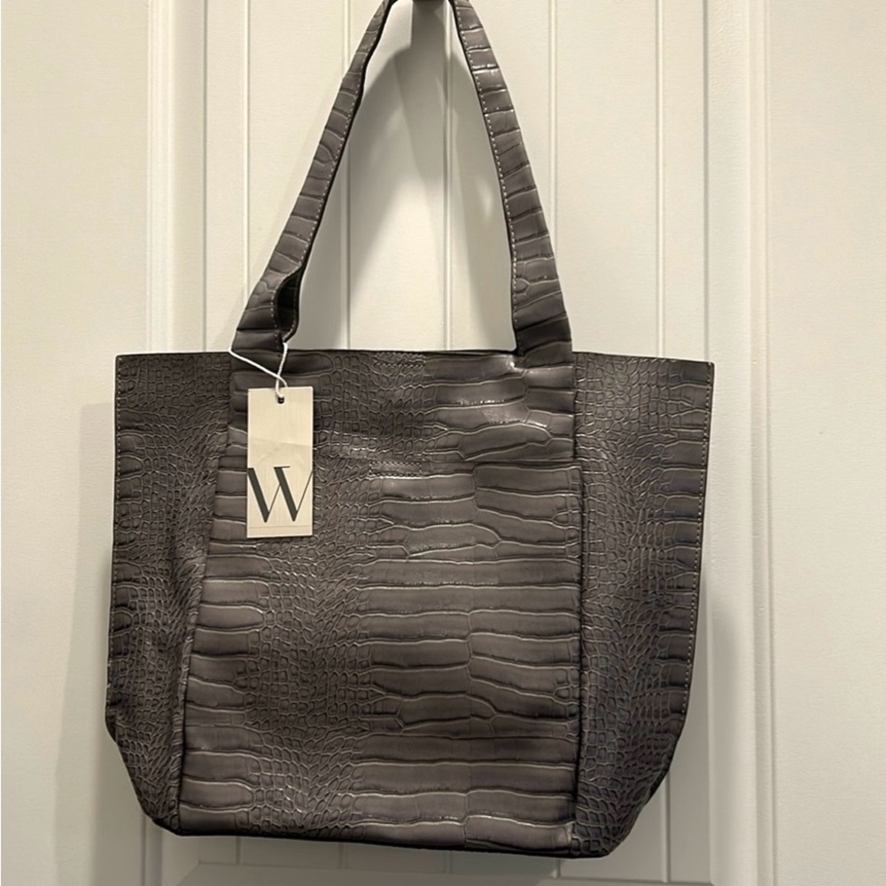 New Gray Shoulder Bag Imitation Leather Textured Surface Large Compartment
